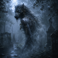 Mythlok - Luison Luison from Guarani mythology, depicted as a supernatural dog-headed humanoid emerging silently from an ancient cemetery at dusk.