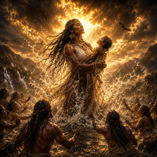 Bachu&eacute;, the Muisca mother goddess, emerges dramatically from the sacred waters of Lake Iguaque holding a young child as torrents of water explode around her in the Muisca Creation Story
