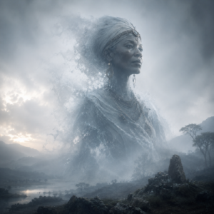 Nehanda from Shona tradition, representing her as a powerful ancestral mhondoro spirit