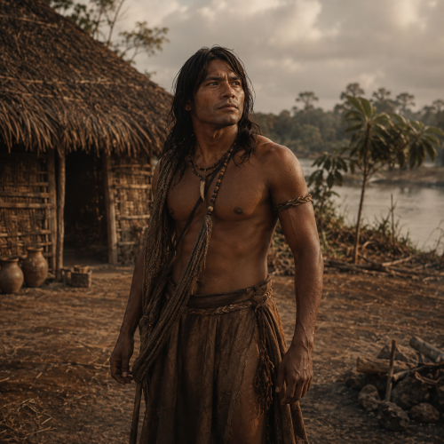 Rupave, the first man of Guaraní mythology, standing in a riverside village.