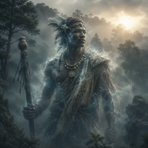 Ryangombe, the spirit king of Rwandan mythology, emerging from mist with a partially transparent body dissolving into a foggy forest while carrying a ceremonial staff.