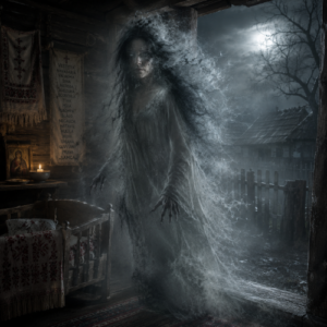 Samca from Romanian mythology standing inside a dimly lit medieval Romanian cottage at night.