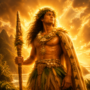 Tahitian god Tane standing beneath a glowing golden sky, dressed in traditional Polynesian attire.