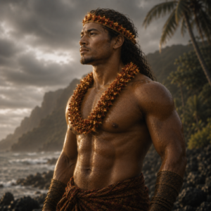 Tigilau from Samoan mythology in a moment beside the Pacific coast