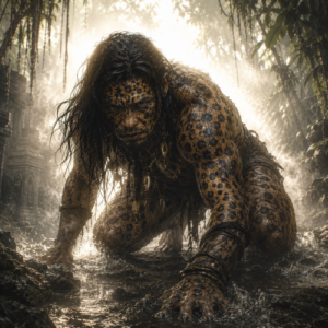 Yaguareté-Abá from Guarani folklore as a supernatural jaguar-man emerging subtly from a dense subtropical South American forest at night