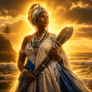 Yemayá, the powerful Orisha of Santería, portrayed as a fully human Afro-Cuban woman standing at the edge of the Caribbean sea