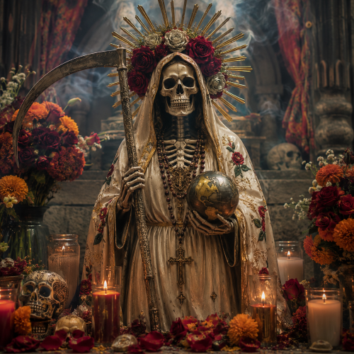 Santa Muerte shrine surrounded by candles and flowers.