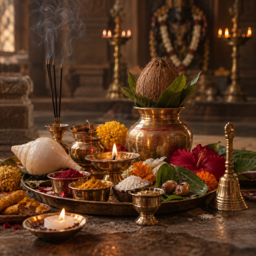 Traditional Hindu puja altar with a diya, conch shell, kalasha, flowers, incense, bell, rice, turmeric and other sacred ritual items.