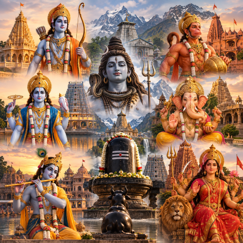 Shiva, Rama, Hanuman, Vishnu, Ganesha, Krishna and Durga represented among ornate Indian temples
