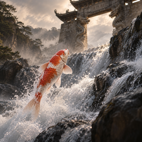 A koi fish leaping through a powerful waterfall toward a dragon-decorated gate in a misty East Asian mountain landscape.
