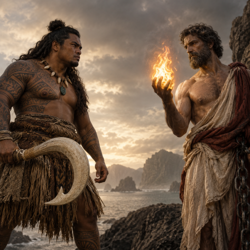 Maui and Prometheus facing each other on a rugged coastline