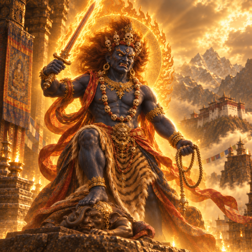 Acala, the wrathful Buddhist deity, stands before a Tibetan mountain monastery with a flaming sword and lasso