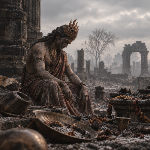 : Agni sits in a ruined ritual space surrounded by ash, broken offerings, and abandoned sacred vessels, representing the Curse of All Consumption.