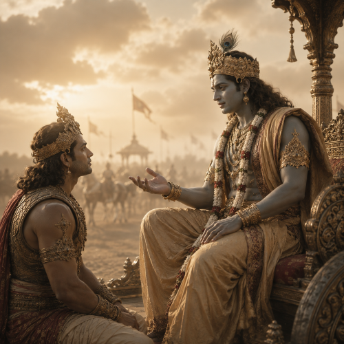 Krishna teaching Arjuna on the Kurukshetra battlefield in the Bhagavad Gita