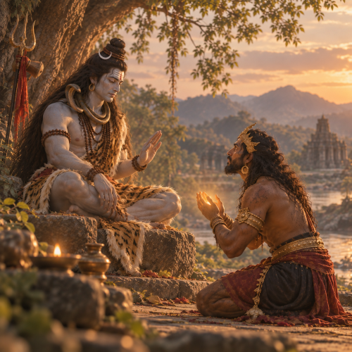 Shiva granting Bhasmasura's Touch, a divine boon as the kneeling asura raises his subtly glowing palms in prayer beneath a tree, with mountains, temple ruins, and warm sunset light in the background.