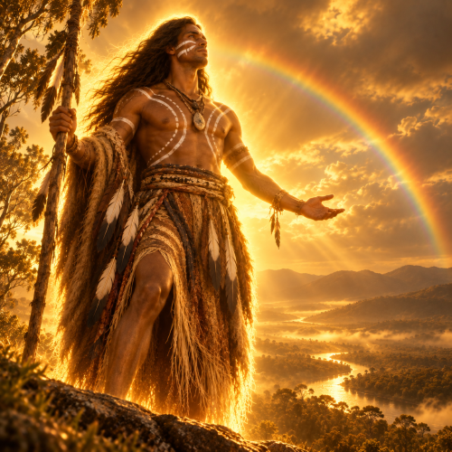 Binbeal, the Taungurung rainbow god, standing above a misty Australian landscape beneath a rainbow
