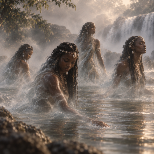 Four Bisimbi water spirits emerging from a dark misty river beneath a waterfall