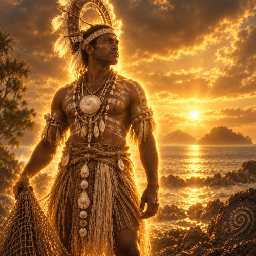 Bomai, the sacred Meriam god, standing on a rocky Torres Strait shoreline with ceremonial attire and shell ornaments