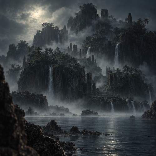 Buitani, the mythical Nauruan spirit island, rises through misty seas with towering cliffs, waterfalls, tropical vegetation