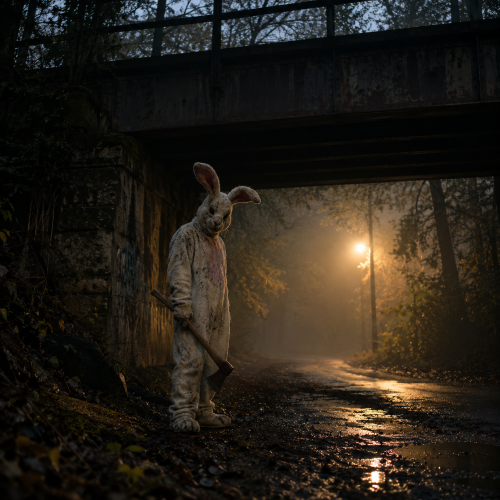 Bunny Man in a worn rabbit costume holding an axe beneath a foggy bridge in Virginia