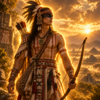 Camaxtli, the Mesoamerican hunter god, stands with a bow and feathered headdress amid a golden mountain landscape