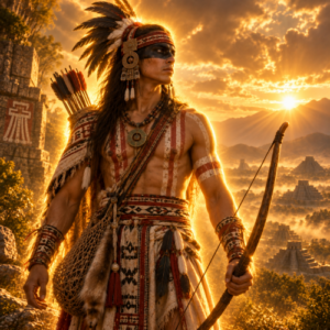 Camaxtli, the Mesoamerican hunter god, stands with a bow and feathered headdress amid a golden mountain landscape