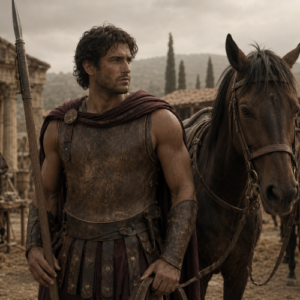 Castor, the mortal Greek horseman, standing beside his warhorse with a spear in a rugged Spartan setting.