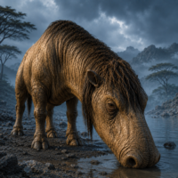 Mythlok - Catoblepas Catoblepas, a massive mythical beast with an oversized downward-facing head, long neck and shaggy mane, standing at a misty riverbank
