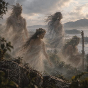 Four ethereal Taíno Cemí spirits dissolve into mist above a tropical Caribbean landscape