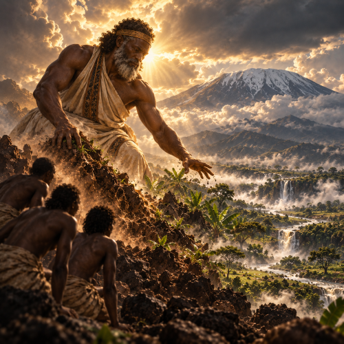 Ruwa shaping the fertile earth as mountains, rivers, waterfalls, and vegetation emerge around Mount Kilimanjaro while early humans watch in awe.