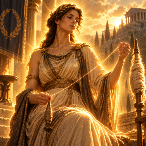 Clotho, the Greek Fate, spinning the thread of life with a spindle amid ancient Greek ruins