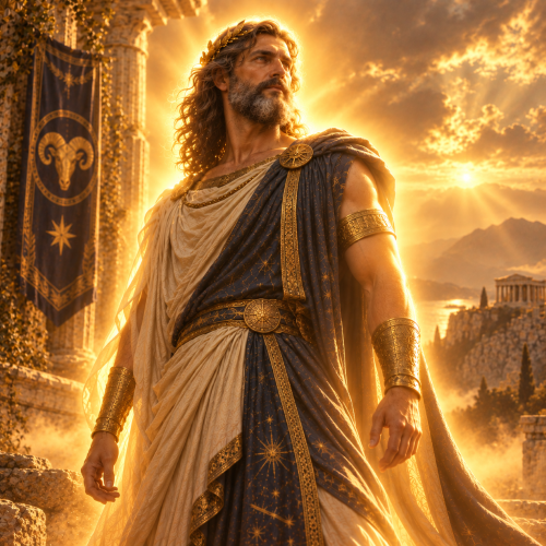 Crius, the Greek Titan associated with the constellations, stands in ancient ruins beneath a radiant golden sky