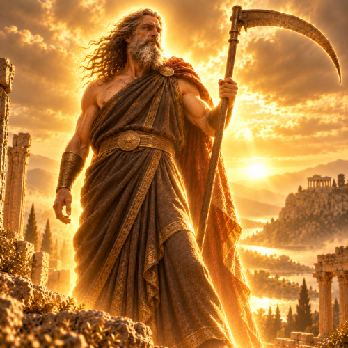 Cronus, the Greek Titan king, stands among ancient ruins holding his long-handled golden scythe