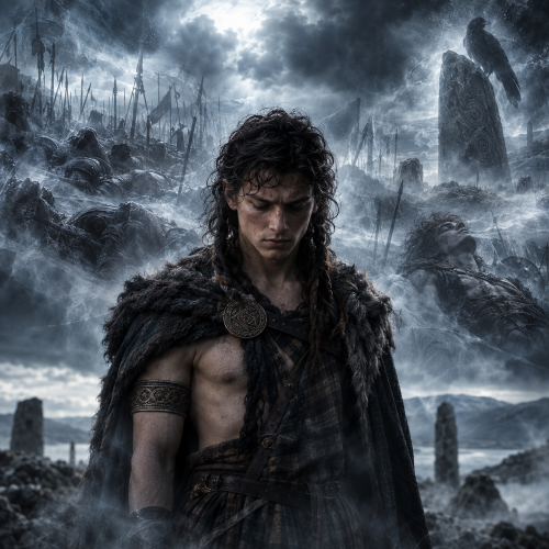 Self contemplation of Cú Chulainn's short life while standing in a cold misty landscape, realizing his fate as spectral warriors, fallen bodies, a standing stone
