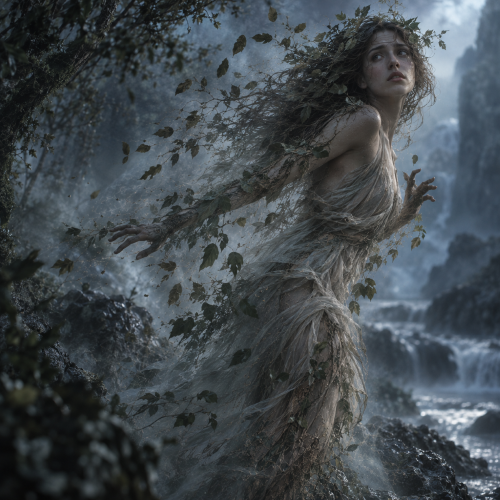 Daphne, the Greek nymph, dissolving into a laurel tree beside a misty river in a cool blue-grey forest.