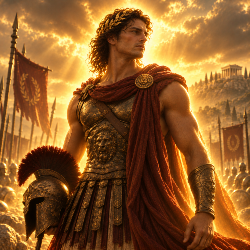 Deimos, the Greek spirit of dread, stands in ornate bronze armor and a crimson cloak on an ancient battlefield