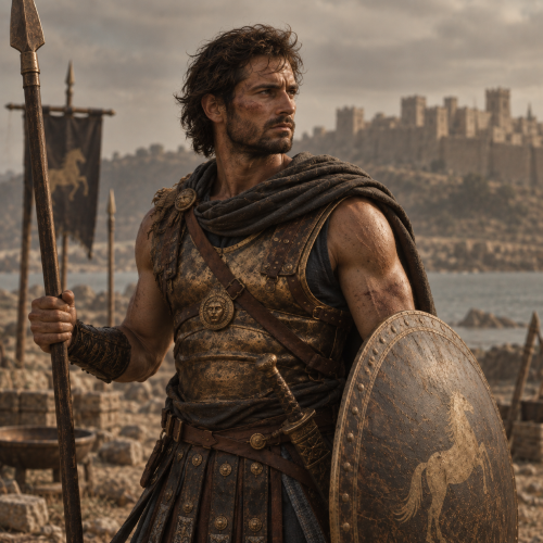Diomedes, the Greek hero of the Trojan War, stands in worn bronze armor with a spear and shield on a dusty battlefield,