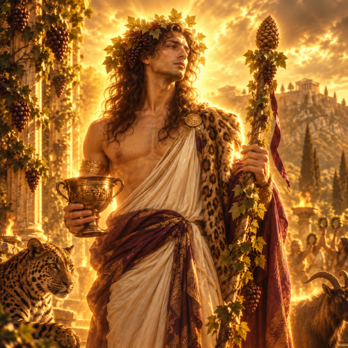 Dionysus, the Greek god of wine and ecstasy, holding a wine chalice and ivy-wrapped thyrsus amid ancient Greek vineyards