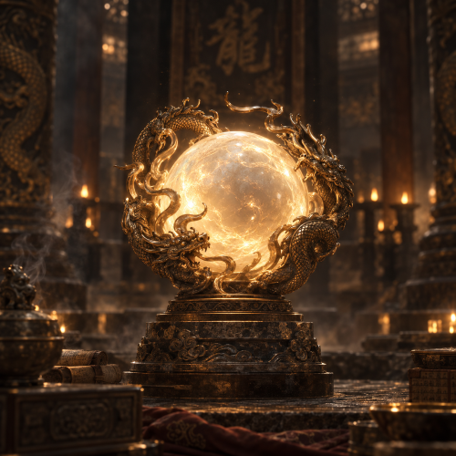 Dragon Pearl glowing within an ornate bronze dragon pedestal in a dark Chinese temple setting.