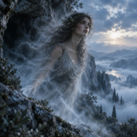 Mythlok - Echo Echo, the Greek Oread nymph, appears as a translucent figure dissolving into mist beside a mountain cave