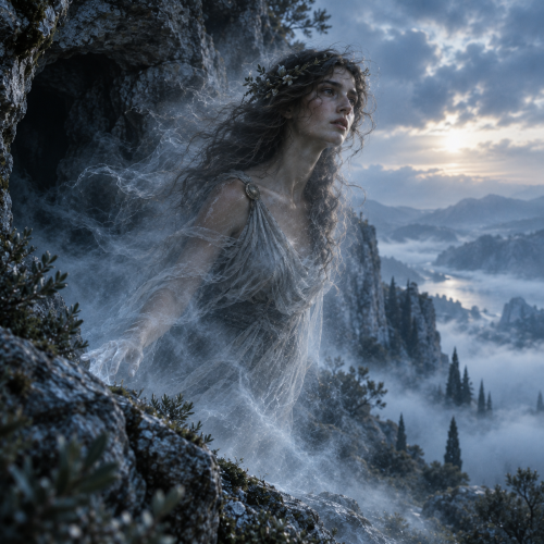 Echo, the Greek Oread nymph, appears as a translucent figure dissolving into mist beside a mountain cave
