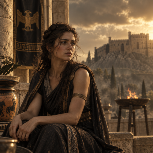 Electra, the grieving princess of Mycenae, seated in an ancient Greek palace overlooking a fortified city.
