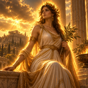 Eleos, the Greek goddess of mercy and compassion, depicted in flowing ivory robes