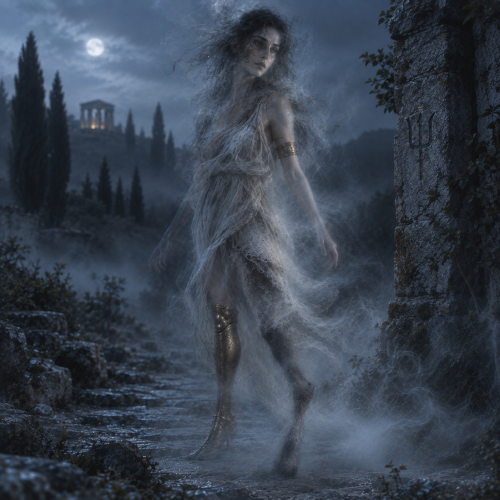Empusa, the shape-shifting spirit of Greek mythology, emerging as a translucent figure from blue mist among ancient Greek ruins at night.