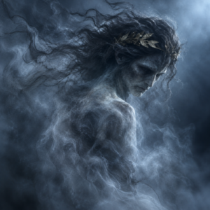 Epiales, the Greek spirit of nightmares, appearing as a semi-transparent figure dissolving into cool blue mist,