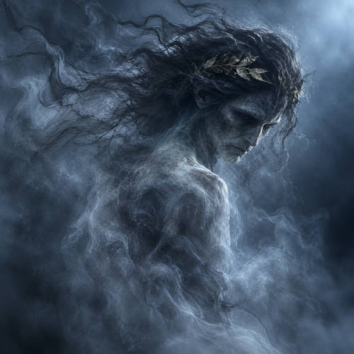 Epiales, the Greek spirit of nightmares, appearing as a semi-transparent figure dissolving into cool blue mist,