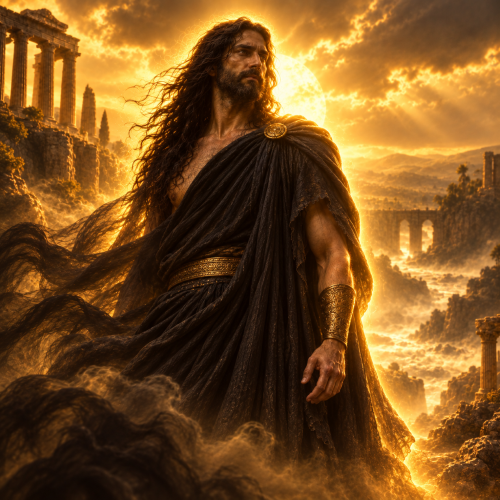 Erebus, the primordial Greek god of darkness, stands amid ancient Greek ruins and misty mountains