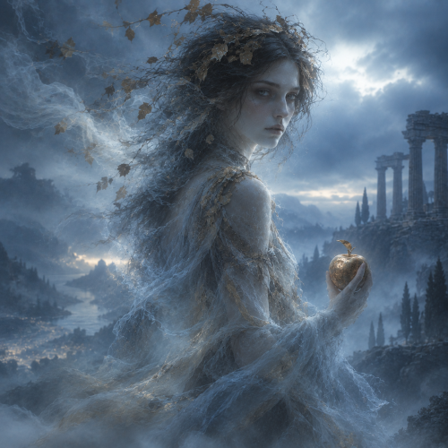 Eris, the Greek spirit of strife, appearing as a translucent woman dissolving into blue mist