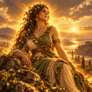Gaia, the primordial Earth goddess of Greek mythology, seated among moss-covered rocks and flowers