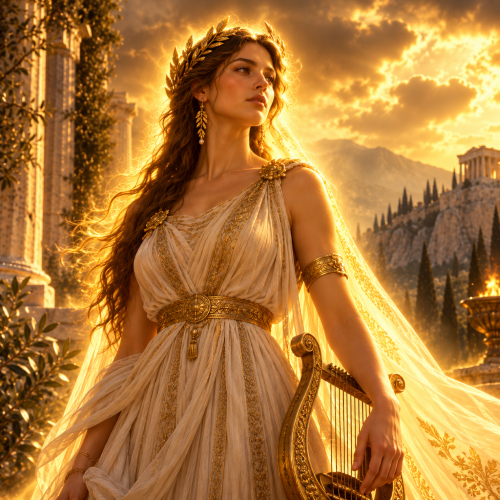 Harmonia, Greek goddess of harmony and concord, standing in ancient Greek ruins with a lyre
